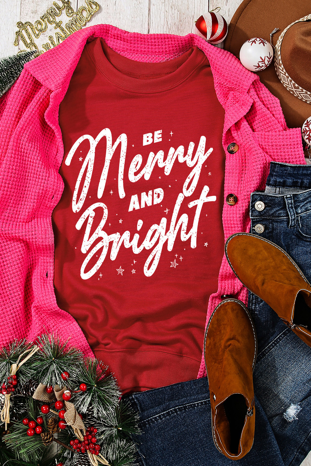 红色 Be Merry And Bright 圣诞图案套头衫 LC2538318