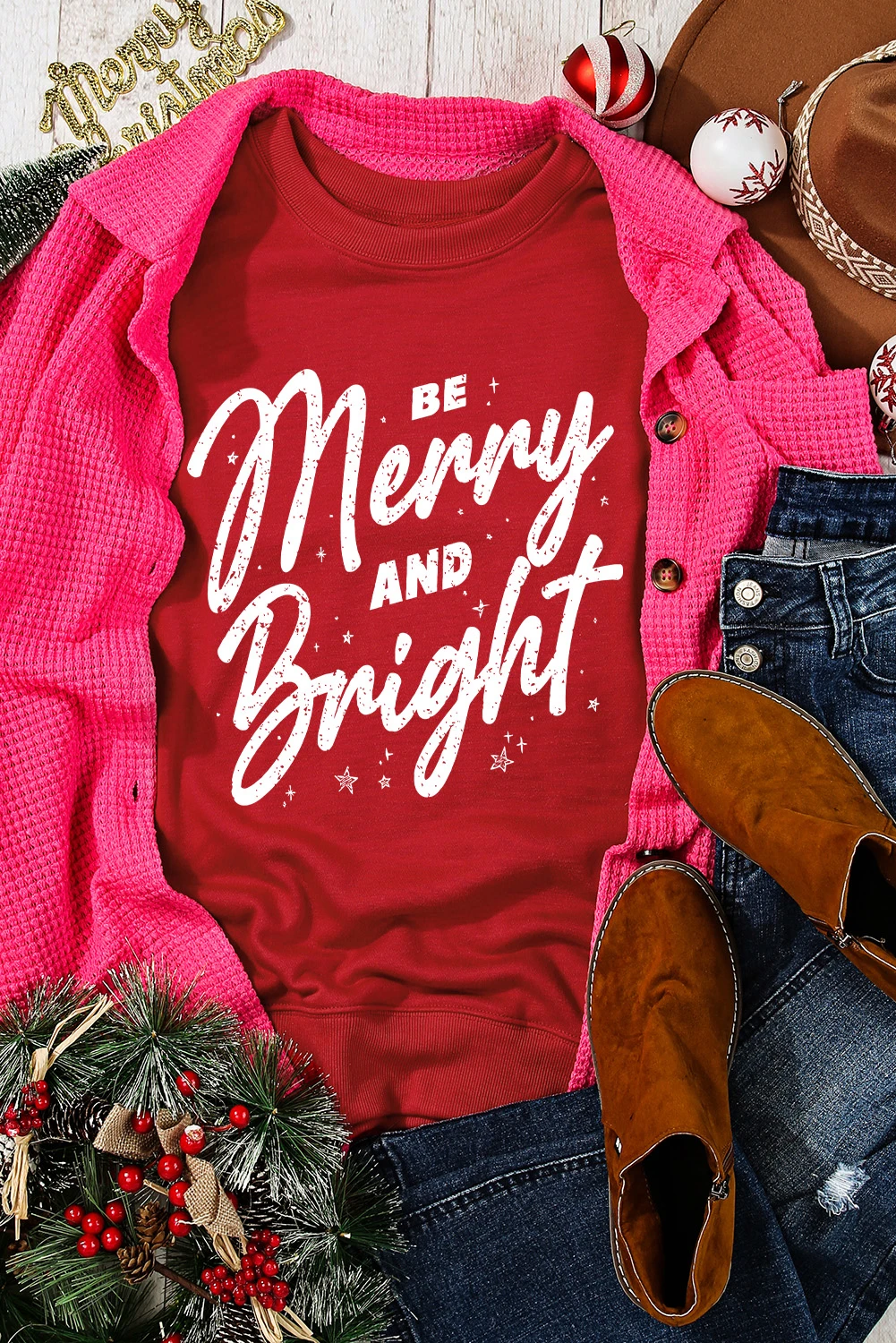 红色 Be Merry And Bright 圣诞图案套头衫 LC2538318
