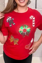 红色圣诞亮片图案圆领图案 T 恤