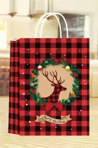 火红驯鹿格子圣诞礼品袋