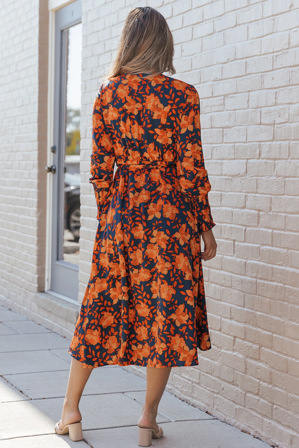橙色花卉印花人造围裹式束带连衣裙 LC6117627