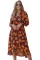 橙色花卉印花人造围裹式束带连衣裙