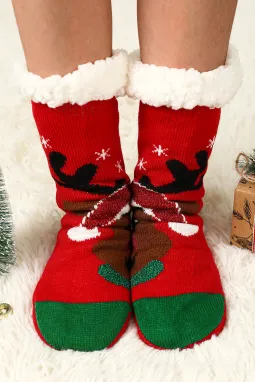 火红色圣诞树图案保暖袜