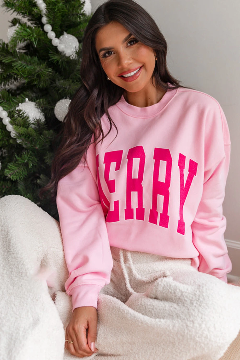 粉色 MERRY 字母印花宽松圣诞套头衫 LC2538318