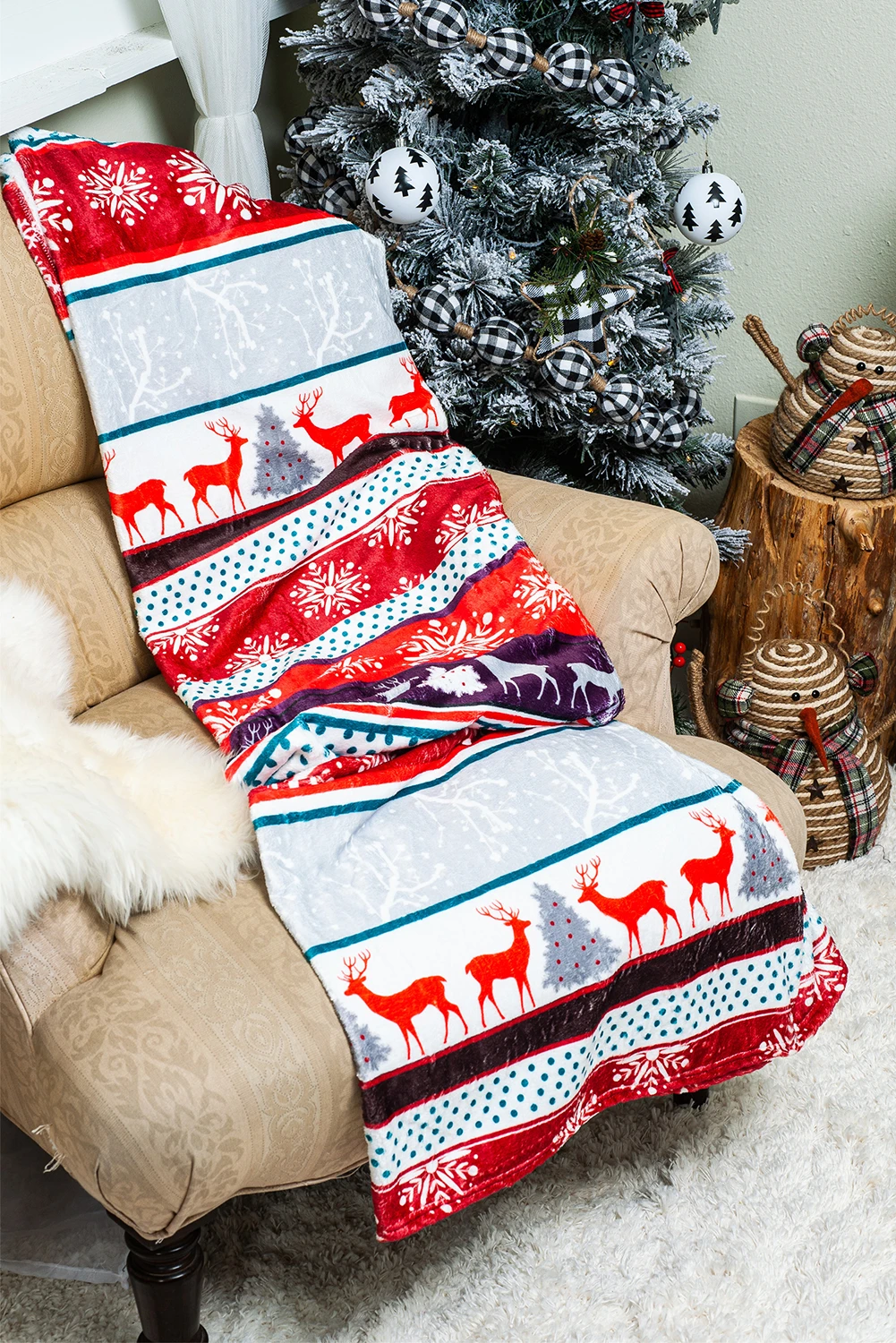 红色圣诞麋鹿印花双面羊毛毯 BH05584