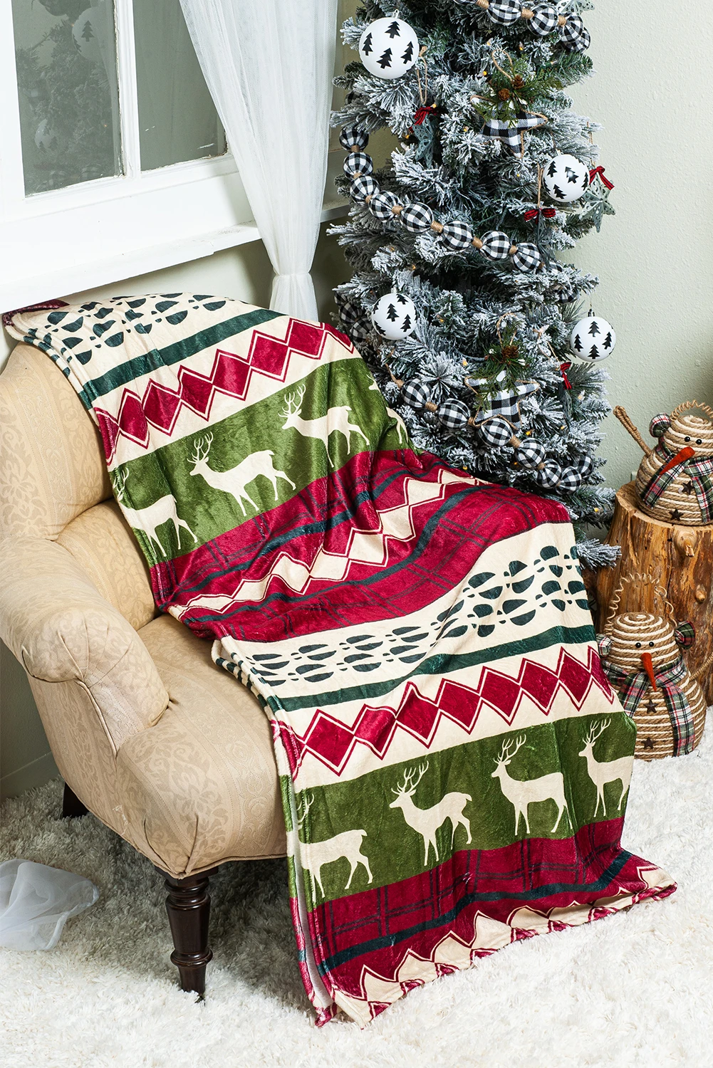 圣诞麋鹿印花双面夏尔巴羊毛毯 130*150 厘米 BH05584
