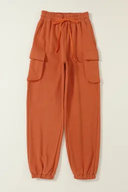橙色抽绳工装口袋慢跑裤