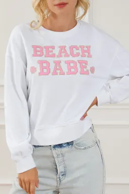 白色 BEACH BABE 标语图案休闲套头衫