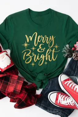 绿色 Merry & Bright 星星图案 T 恤