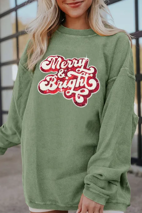 草绿色 Merry & Bright 亮片罗纹圆领套头衫