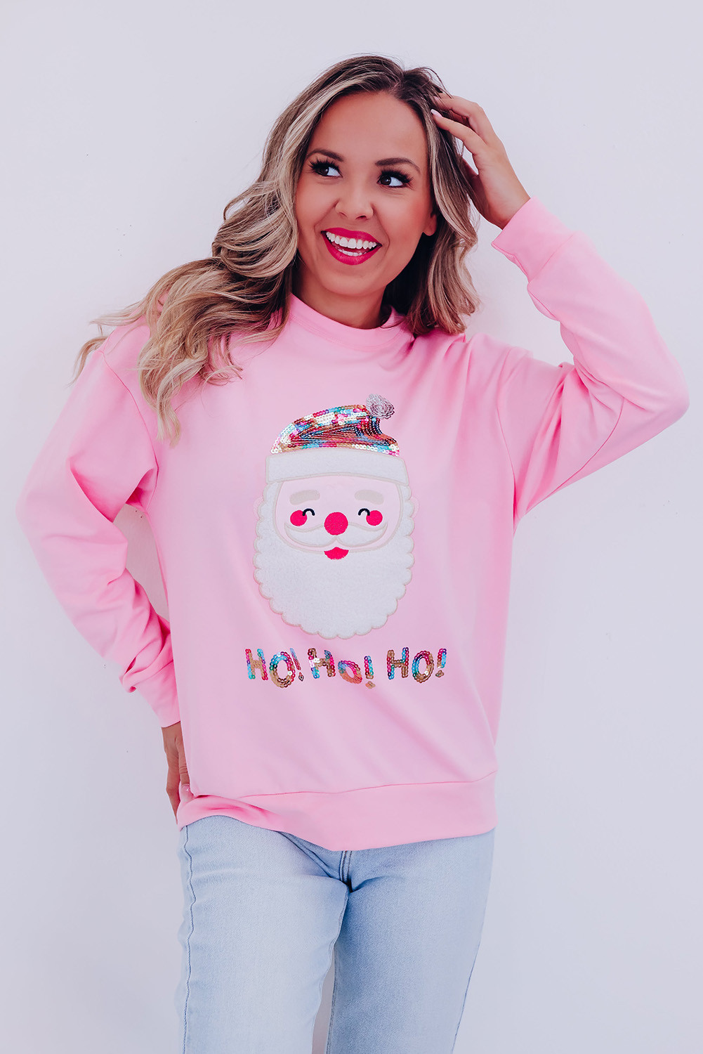 粉色 HO HO HO 亮片圣诞老人运动衫 LC25316404