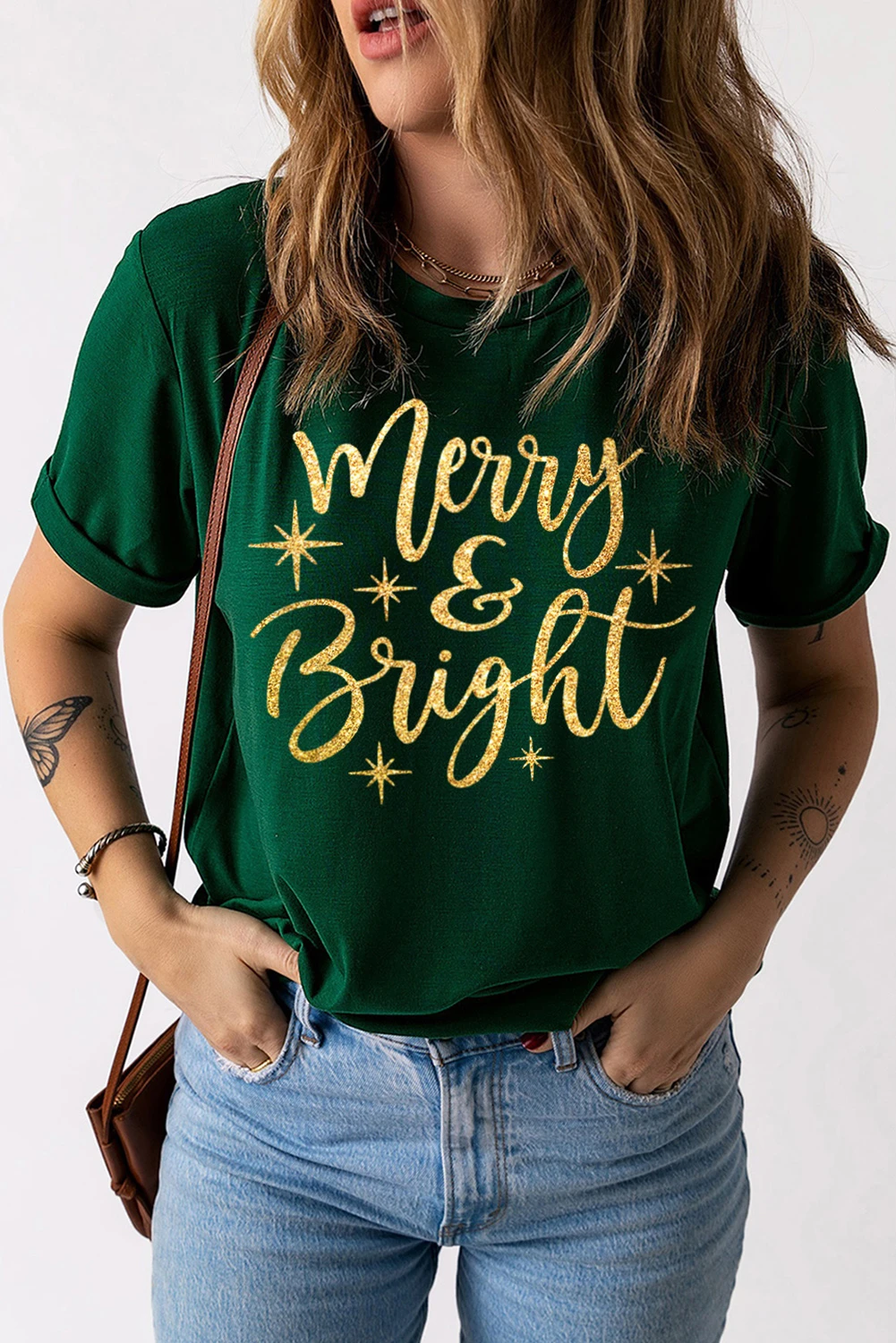 绿色 Merry & Bright 星星图案 T 恤 LC25223171