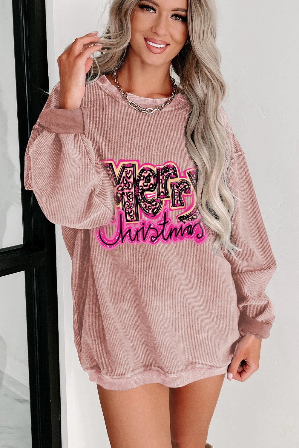 粉色圣诞快乐字母图案运动衫 LC25314534