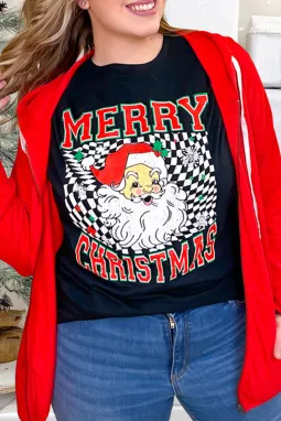 黑色圣诞老人格子印花圣诞圆领 T 恤