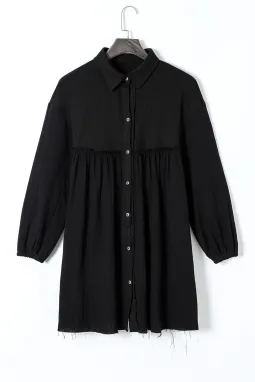 黑色拼布褶皱泡泡袖衬衫连衣裙