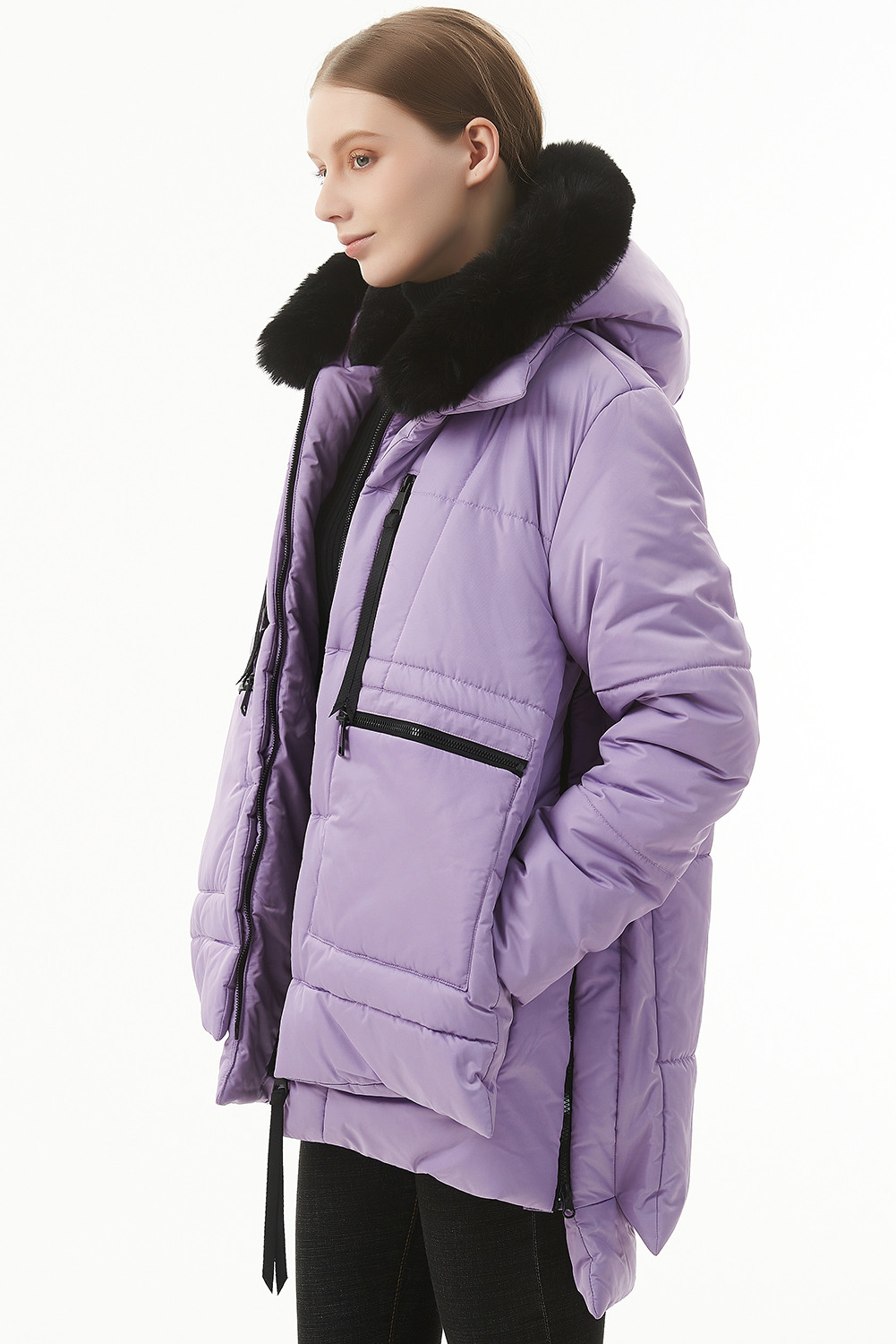 紫色毛绒亚麻拉链连帽羽绒服 LC856185