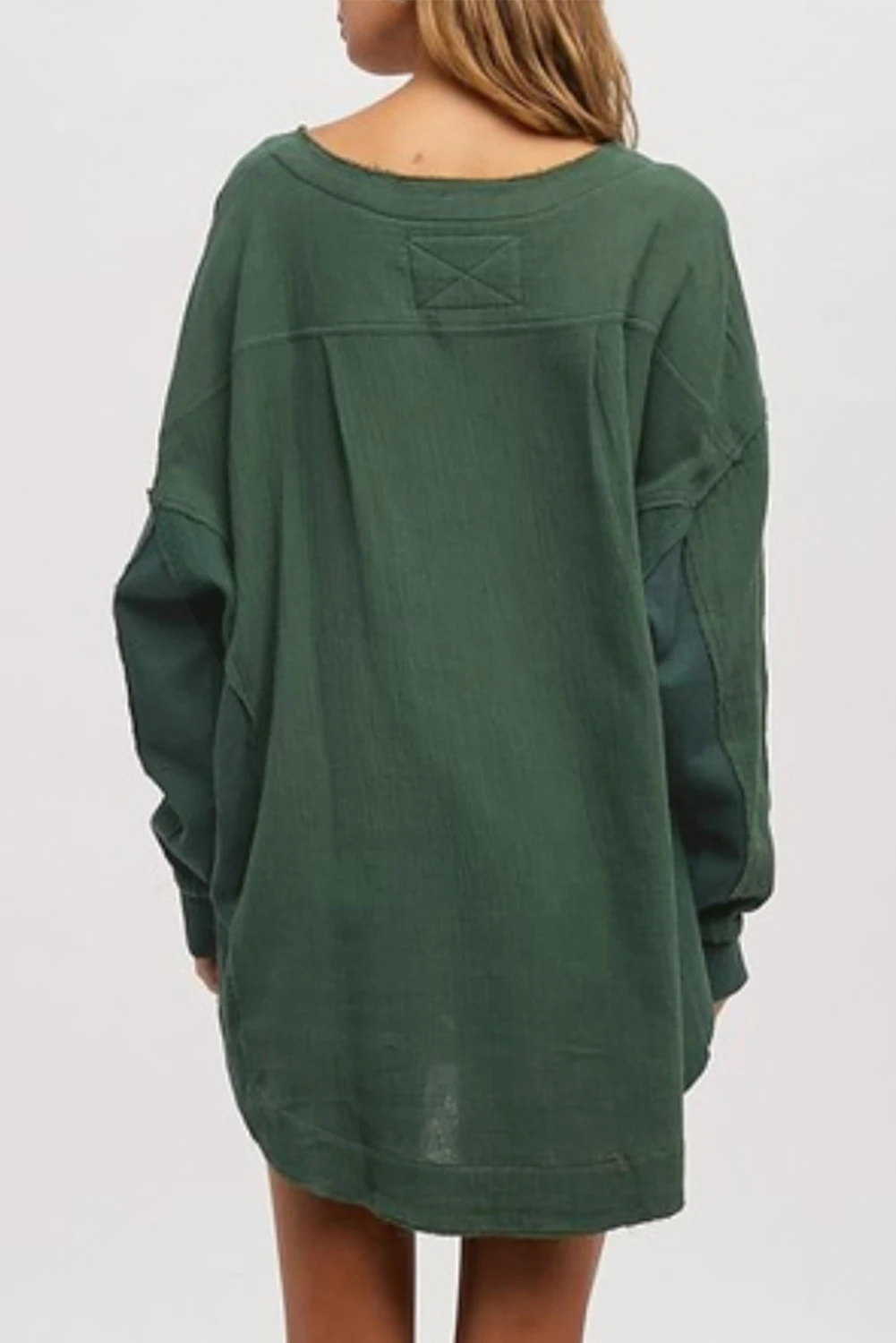 绿色纹理华夫格针织拼接纽扣领宽松衬衫 LC25123149