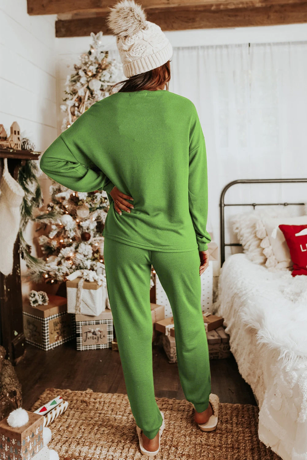 绿色亮片圣诞手杖图案休闲运动服 LC15306
