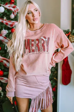 粉色 MERRY Christmas 格子豹纹印花套头衫