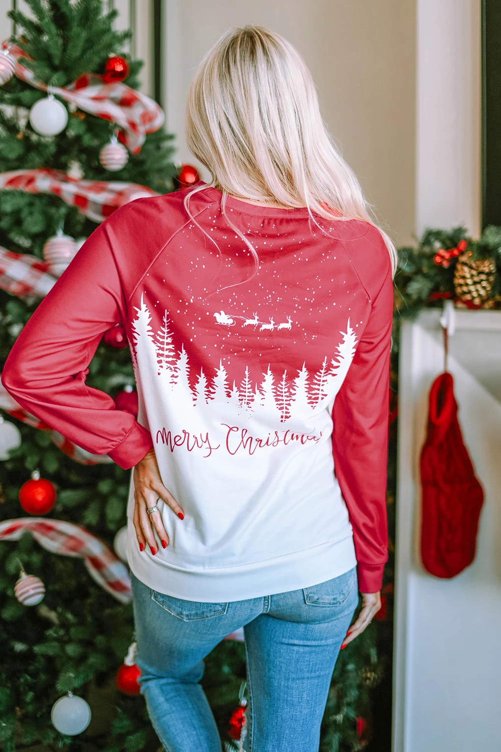 红色圣诞快乐驯鹿树图案套头运动衫 LC25222658