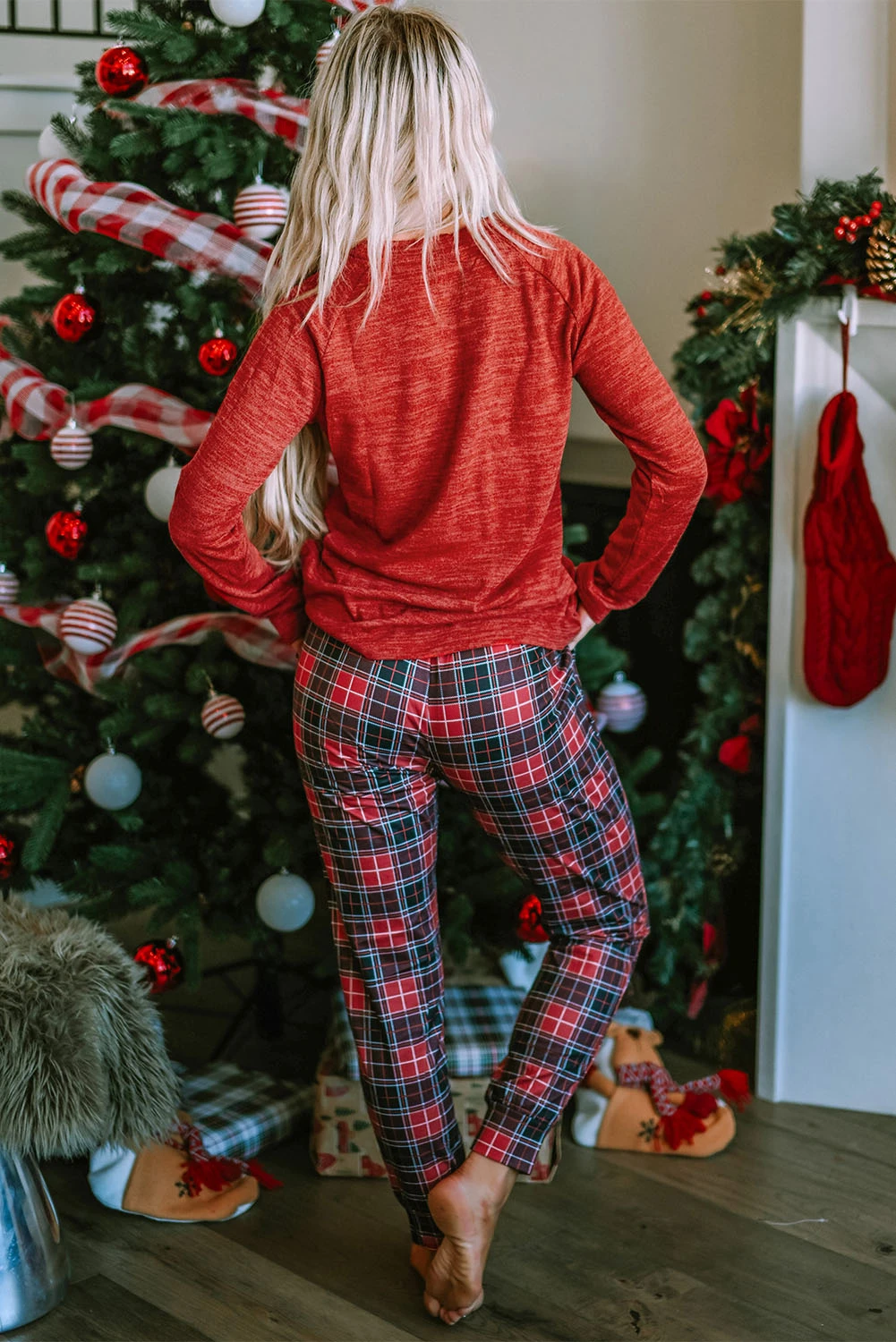 红色 MERRY 圣诞图案上衣格子长裤休闲家居套装 LC4512118