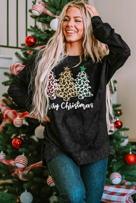 黑色圣诞快乐豹纹树图案套头衫
