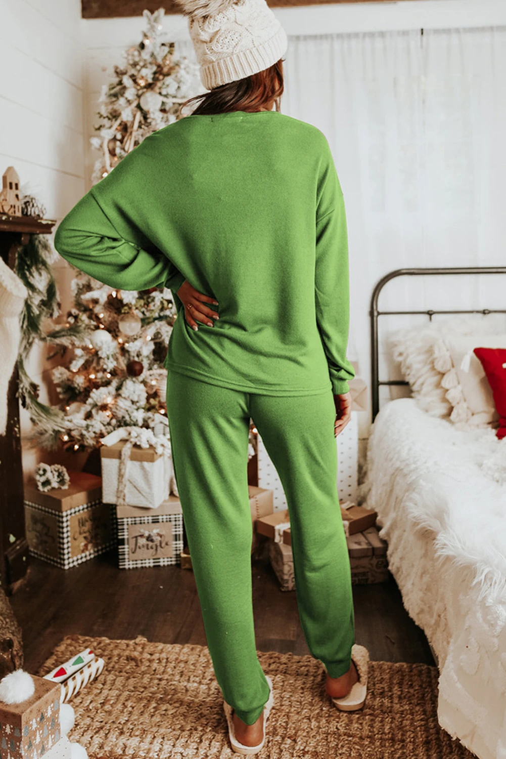 菠菜绿长袖套头衫和慢跑裤休闲套装 LC15306