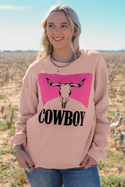 粉色字母牛头印花休闲套头衫