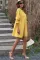 黄色纯色抽褶袖口短摆连衣裙