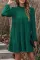 绿色泡泡袖小高领分层连衣裙