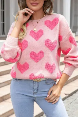 浅粉色情人节心形提花针织毛衣