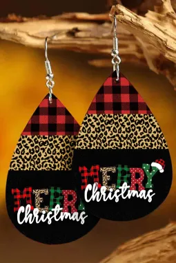 黑色圣诞快乐豹纹格子吊式耳环