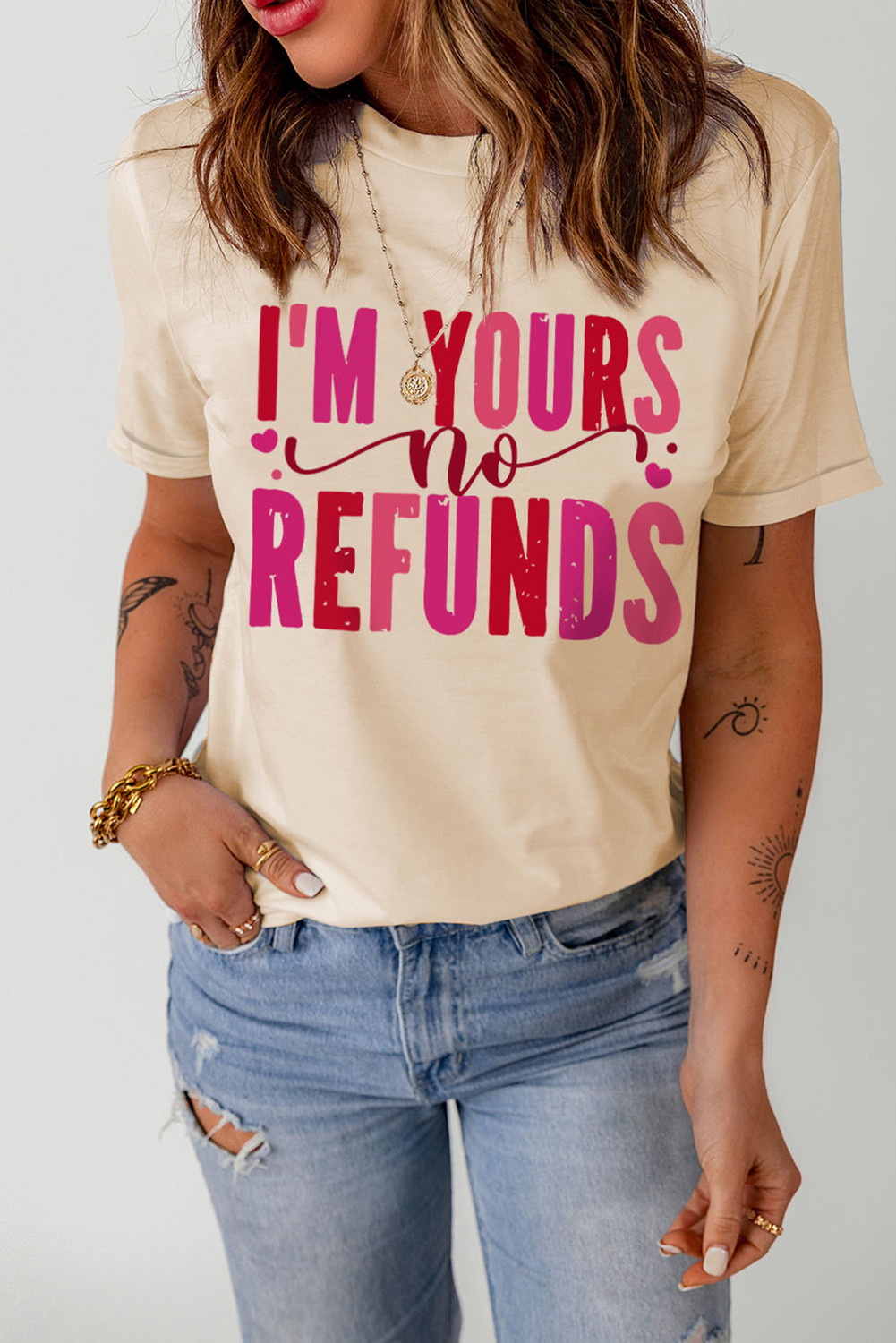 卡其色 I'm Yours No Refunds 圆领图案 T 恤 LC2526272