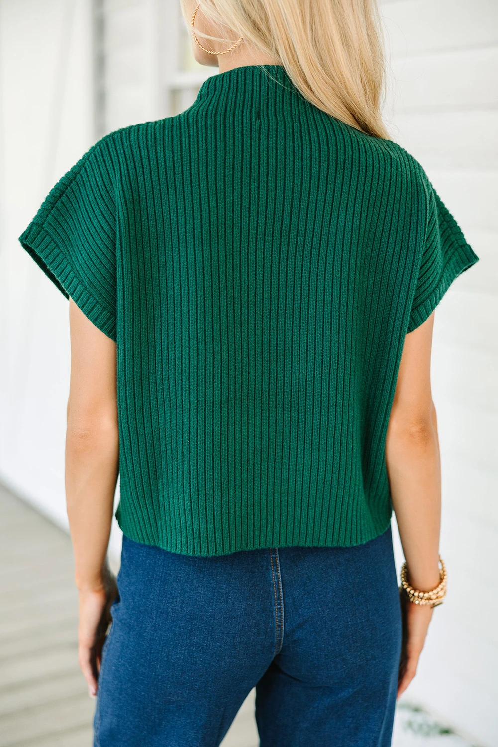 绿色贴袋罗纹针织短袖毛衣 LC2724250