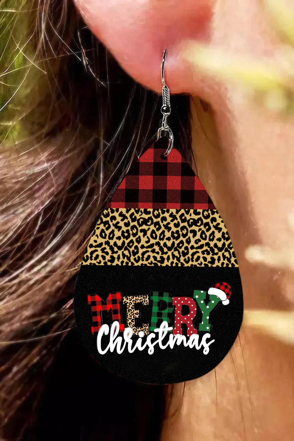 黑色圣诞快乐豹纹格子吊式耳环 BH013551
