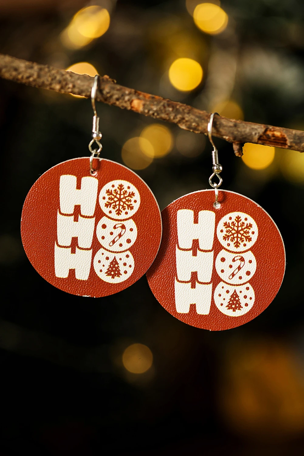 火红色圣诞图案 PU 皮革吊式耳环 BH013554