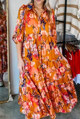 橙色抽象印花褶裥半袖纽扣超长连衣裙