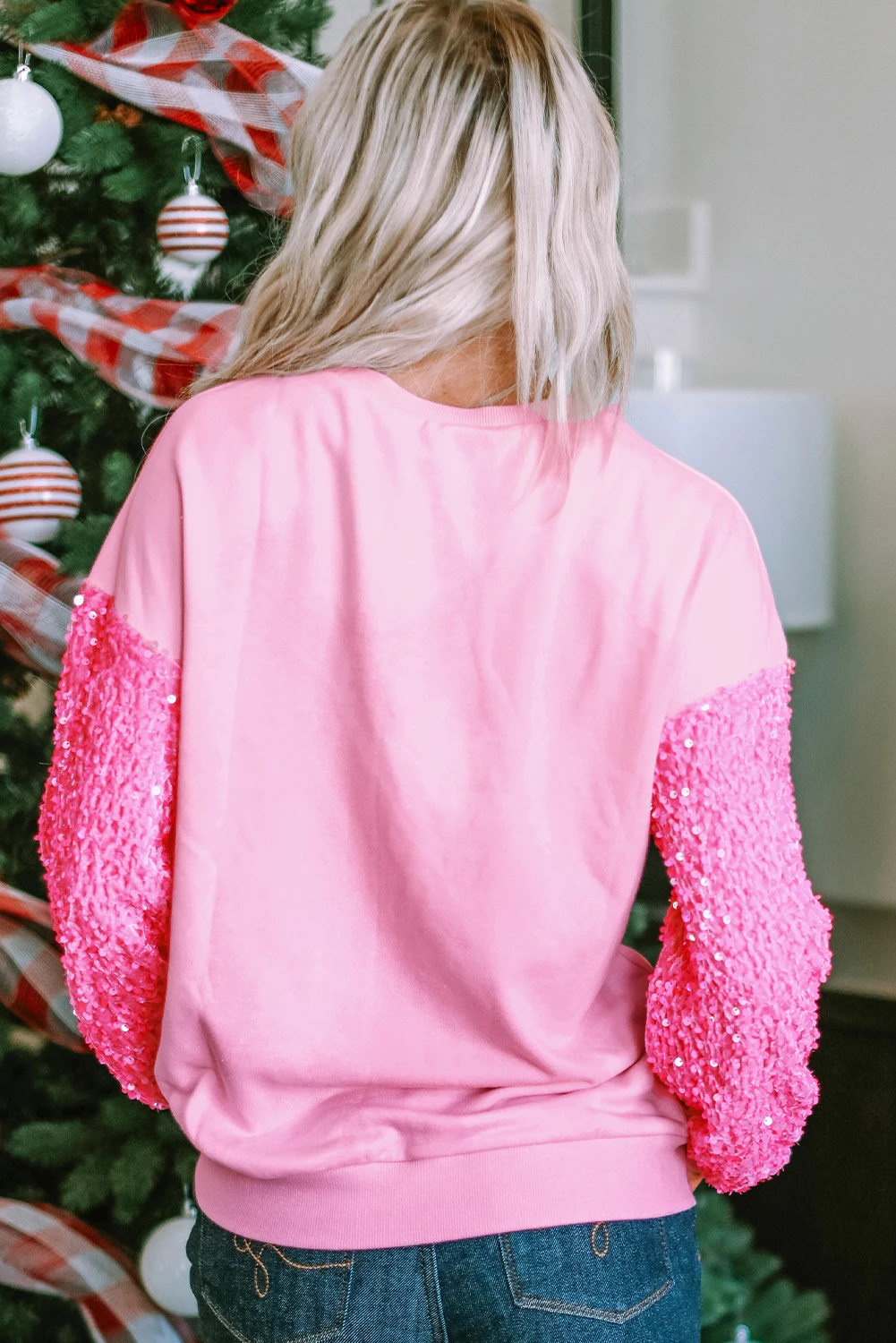 粉色亮片袖圣诞树图案运动衫 LC25124364