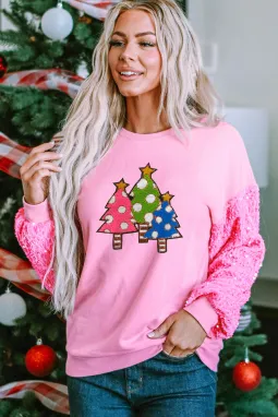 粉色亮片袖圣诞树图案运动衫