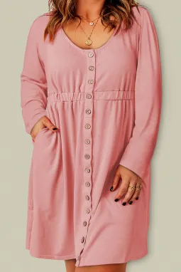 粉色纯色正面纽扣加大码长袖连衣裙