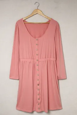 粉色纯色正面纽扣加大码长袖连衣裙