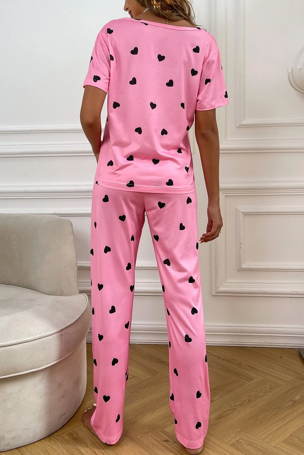 粉色情人节心形印花 T 恤和裤子休闲套装 LC15808