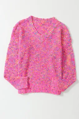 深粉色七彩斑点针织V领休闲毛衣