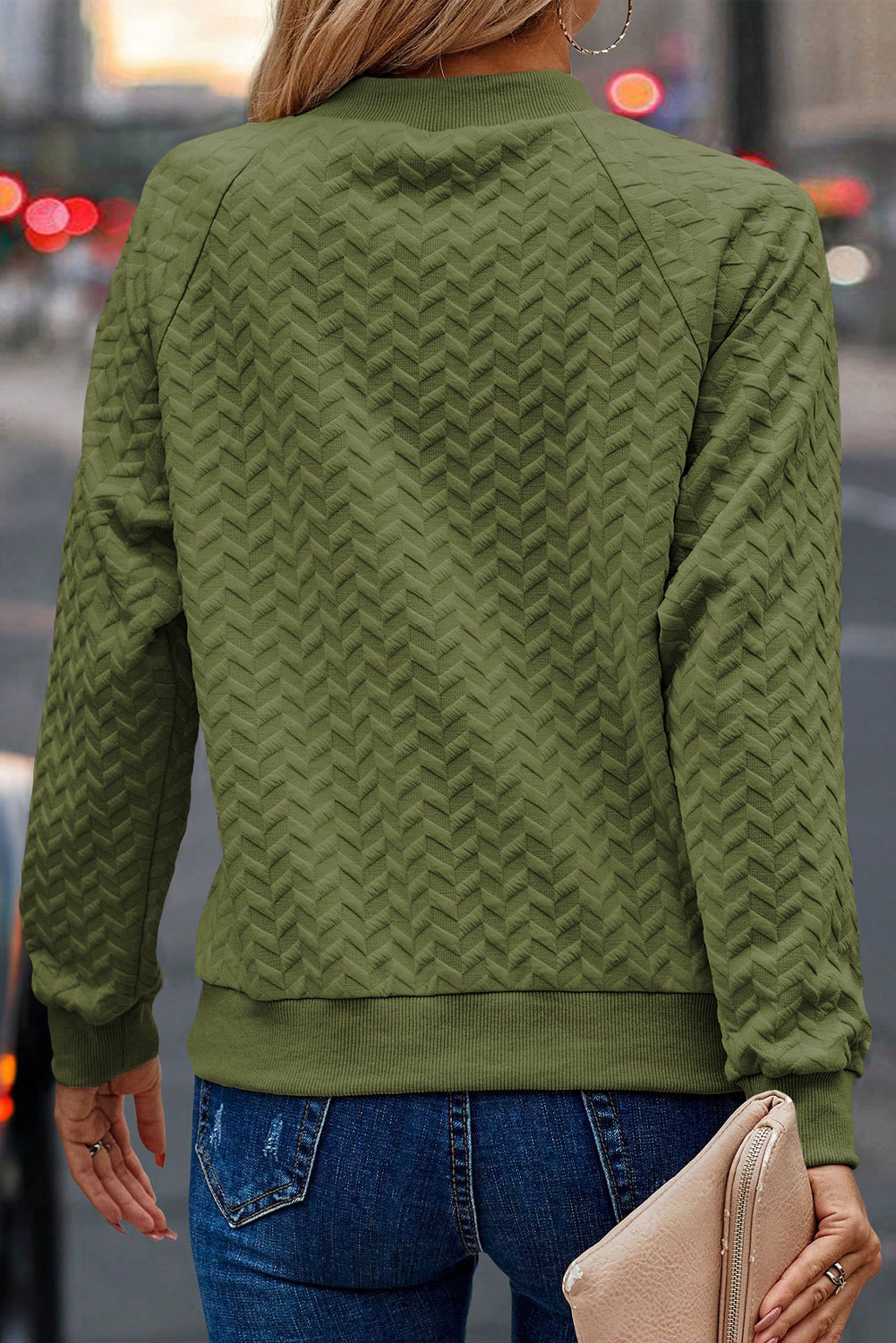 丛林绿纯色纹理插肩袖套头运动衫 LC25315905
