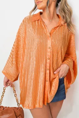 西柚橙纯色褶皱宽袖纽扣衬衫