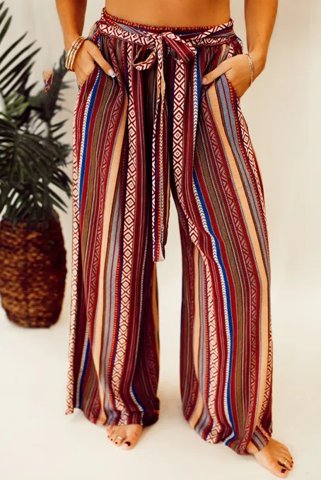 红色波西米亚风民族条纹印花系带高腰阔腿裤