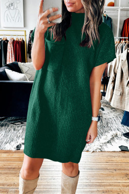 绿色贴袋罗纹针织短袖毛衣连衣裙