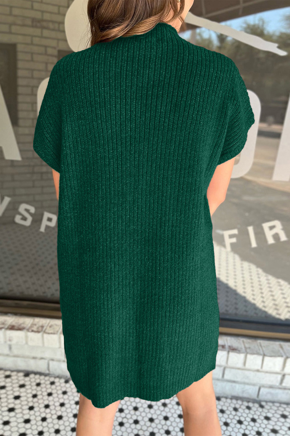 绿色贴袋罗纹针织短袖毛衣连衣裙 LC2724250