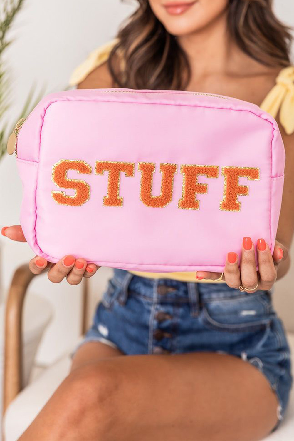 Peach Blossom STUFF Letter Glitter Chenille Patch Canvas Bag BH03505