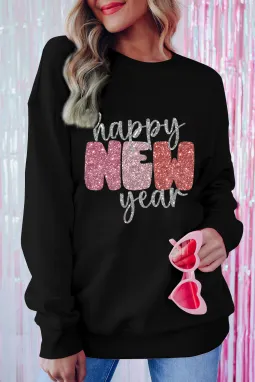 黑色闪亮新年快乐图案套头衫